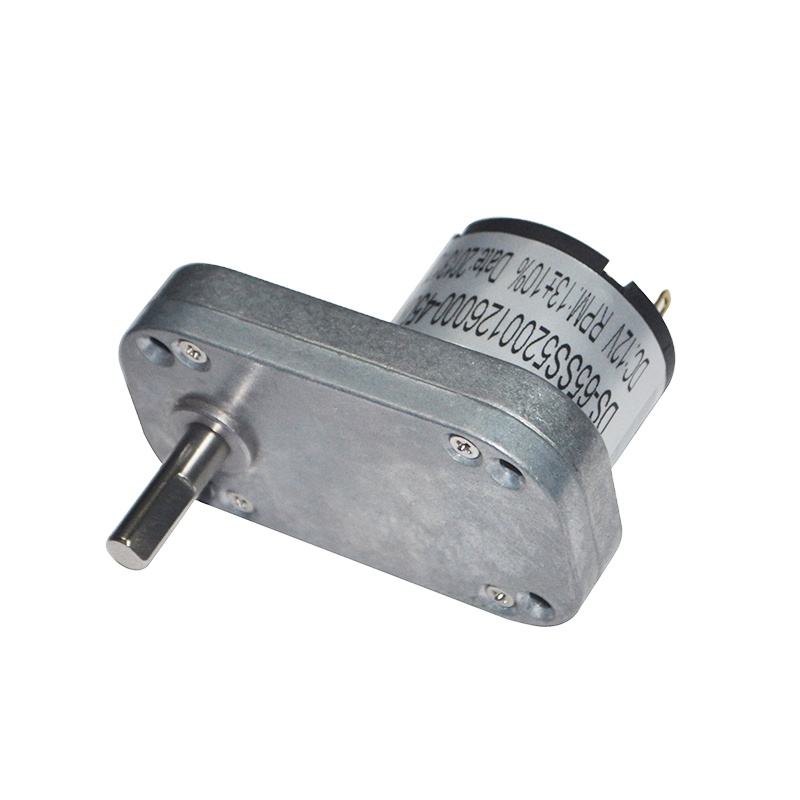 Square DC geared motor with output shaft and label, metallic housing
