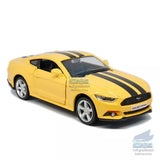 Yellow diecast Mustang GT model car toy with black racing stripes, front 3/4 view