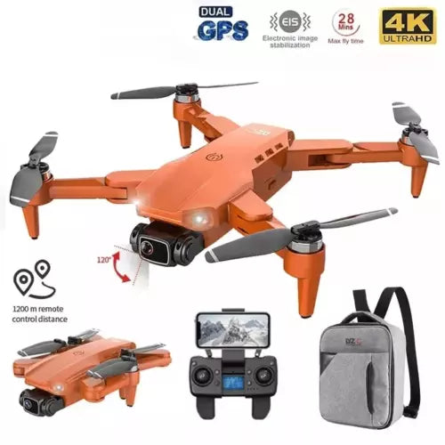 Orange quadcopter drone with dual camera, four propellers, and orange body.