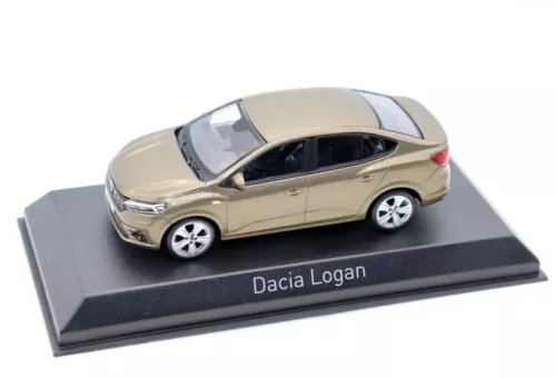 Gold diecast Dacia Logan 2021 toy car model on display base