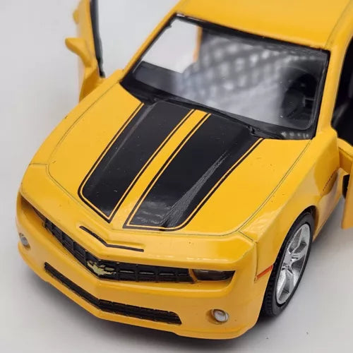 Yellow 1:36 diecast toy car with black hood stripes and front grille detail