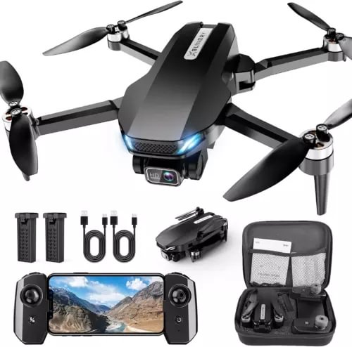 Black quadcopter drone with camera, four propellers, remote controller screen, accessory kit