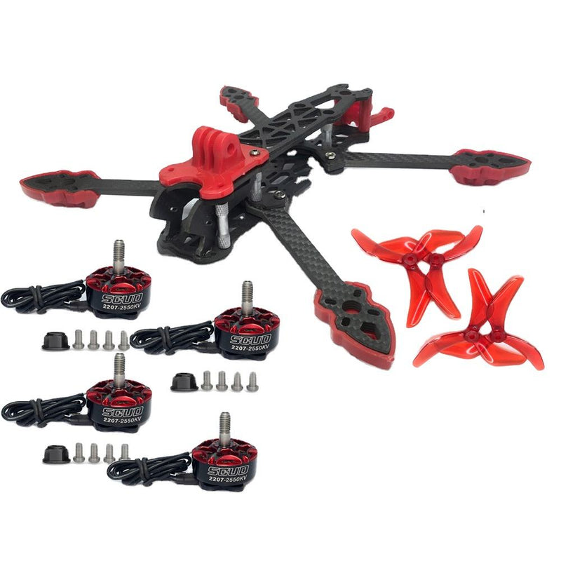 FPV drone frame kit with red prop guards, black arms, four motors and screws