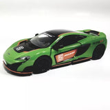 Lime green and black 1/36 diecast sports car toy with side decals and rear wing