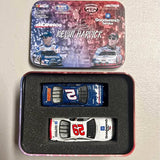 Diecast car set of 2 in display case, blue and white race cars