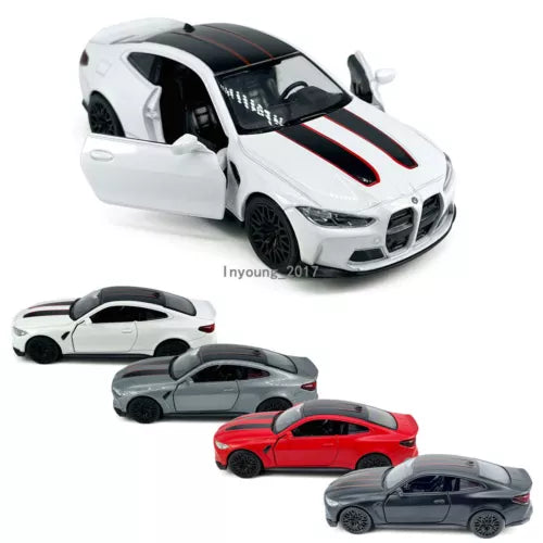 White diecast toy car model with red racing stripes, front angled view, 1:36 scale