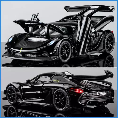 Black 1:32 diecast sports car model with open cockpit and rear wing