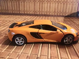 Orange alloy diecast model car with black side panels and silver wheels