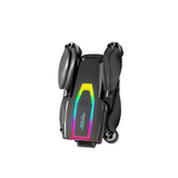 Foldable quadcopter drone with dual cameras, neon LED display, compact body
