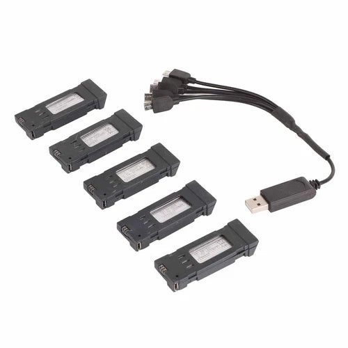 Portable drone battery set with USB charger cable and 5 battery packs