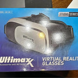 Virtual reality glasses with gray and dark face cushion and adjustable head strap