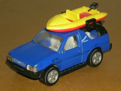 Blue diecast SUV toy with yellow raft on roof