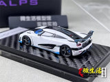 1:64 scale white racing sports diecast model car with rear spoiler on base
