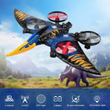 Dinosaur-themed RC flying drone with blue and yellow wings, four propellers, red LEDs