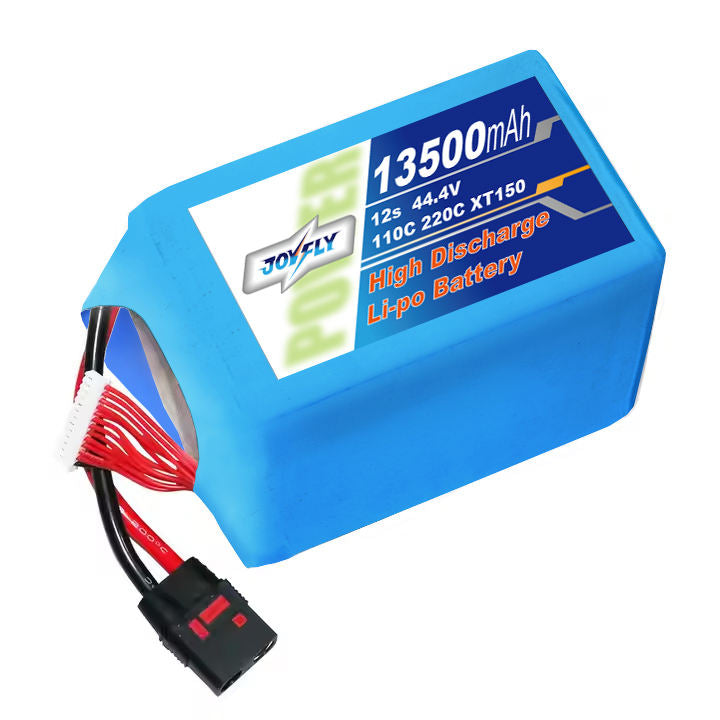 Lithium polymer drone battery pack, blue 12S 44.4V 13500mAh with red/black leads