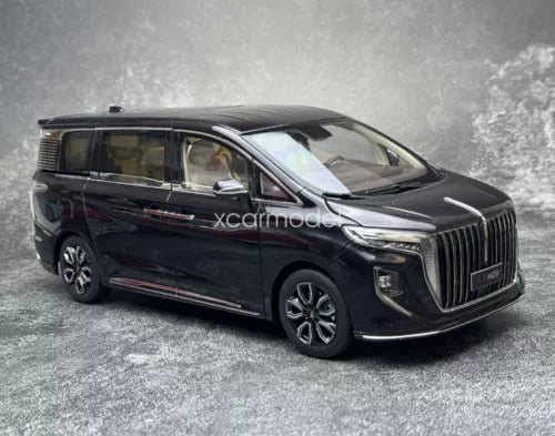 HongQi HQ9 MPV 1:18 diecast car model in dark black, front 3/4 view with grille detail