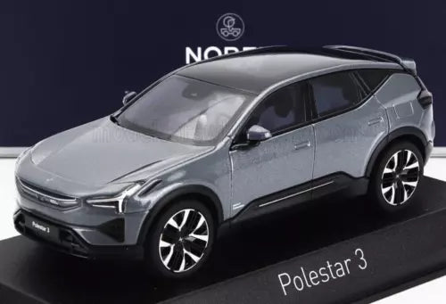 1/43 diecast model car of Polestar 3, thunder grey, front-side view, on display base