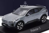 1/43 diecast model car of Polestar 3, thunder grey, front-side view, on display base