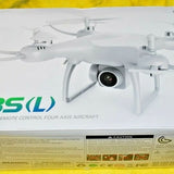 White quadcopter drone with front camera and four propellers
