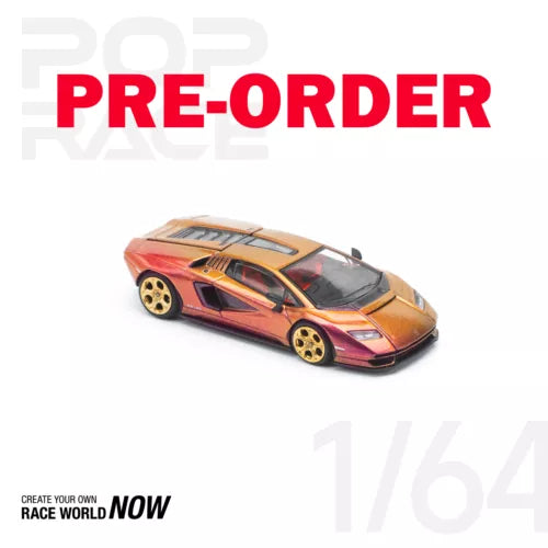 1/64 diecast model car in pink and orange with gold wheels and detailed body