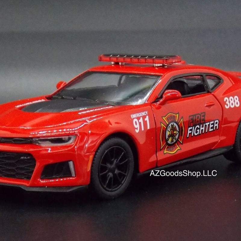 Red firefighter pull-back diecast car with 911 and Firefighter decals, front 3/4