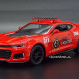 Red firefighter pull-back diecast car with 911 and Firefighter decals, front 3/4