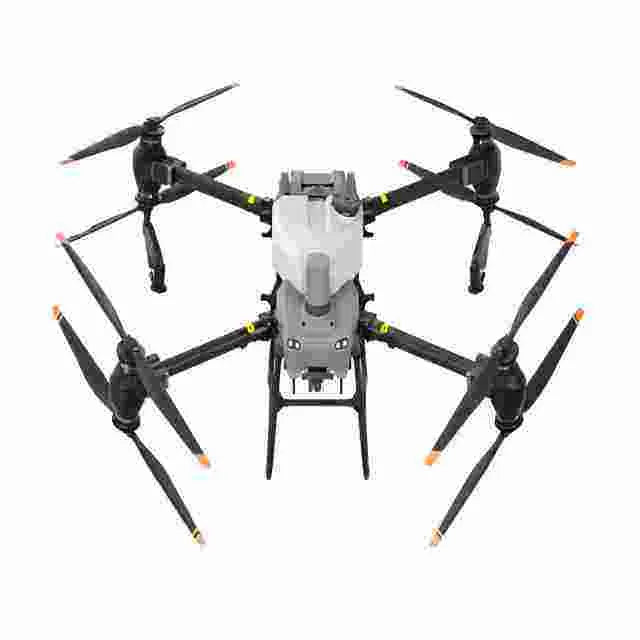 Agricultural multi-rotor sprayer UAV with central tank and four arms, black and gray