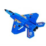 Blue EPP foam RC fixed-wing aircraft with F22-style decals and propeller.