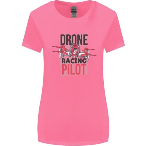 Women's pink T-shirt with drone racing pilot graphic text