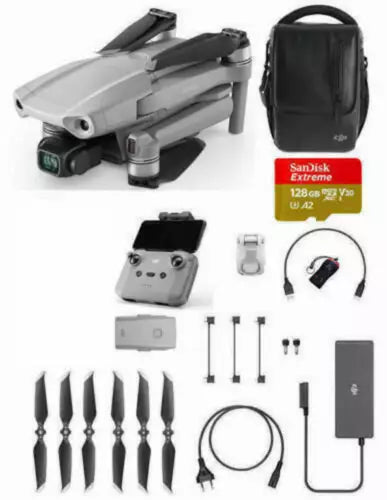 DJI Mavic Air 2 drone kit: gray drone, remote, battery, chargers, cables