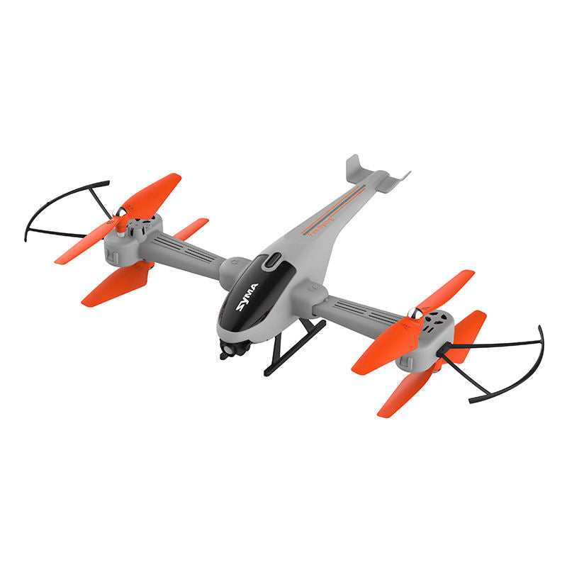 Foldable RC helicopter drone with gray body, orange rotor blades and black controller cable