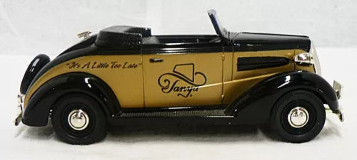 Diecast classic convertible car bank model in yellow and black with side logo detail