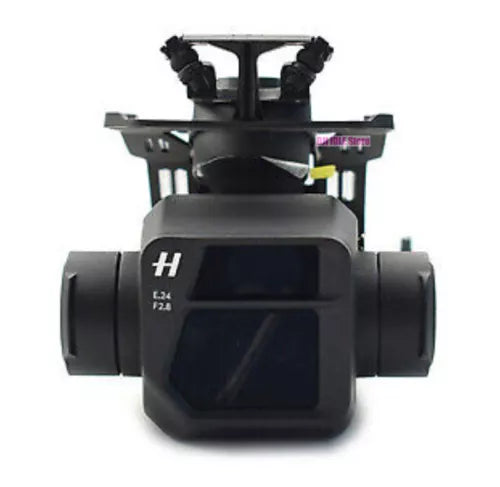 Drone gimbal camera axis arm assembly, black housing with front display screen