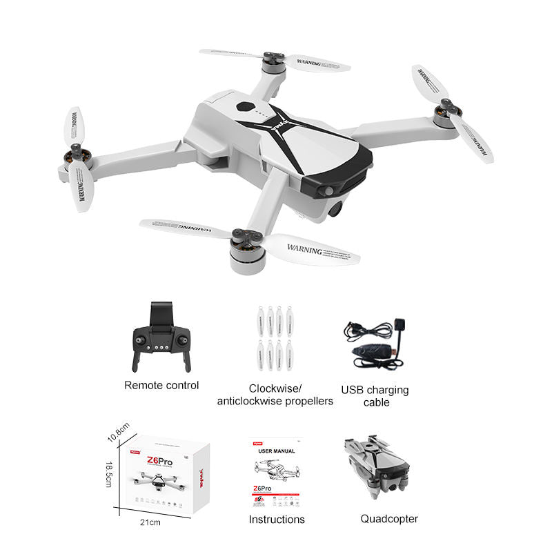 White quadcopter drone with four propeller arms and central camera housing