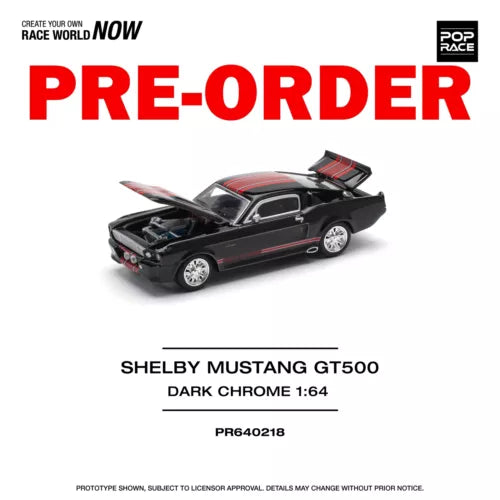 1:64 diecast Shelby Mustang GT500 dark chrome model car with open hood