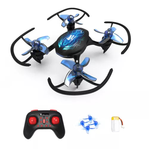 Mini quadcopter drone with blue/black LED body and 360 propellers, plus black RTF remote