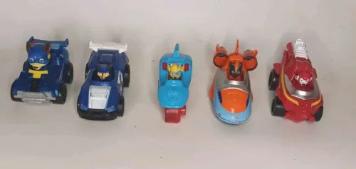 Diecast toy car 5-pack with Paw-themed characters, blue and red vehicles