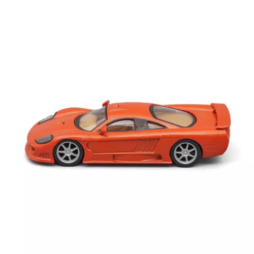 Orange 1:43 diecast sports car model with open cockpit and side profile.