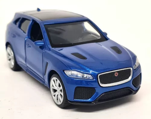 Metallic blue diecast Jaguar F-Pace model car, front 3/4 view with detailed grille