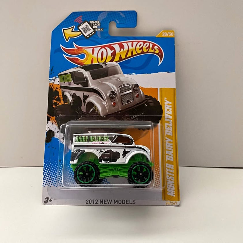 Green and white monster dairy delivery truck Hot Wheels diecast in blister pack