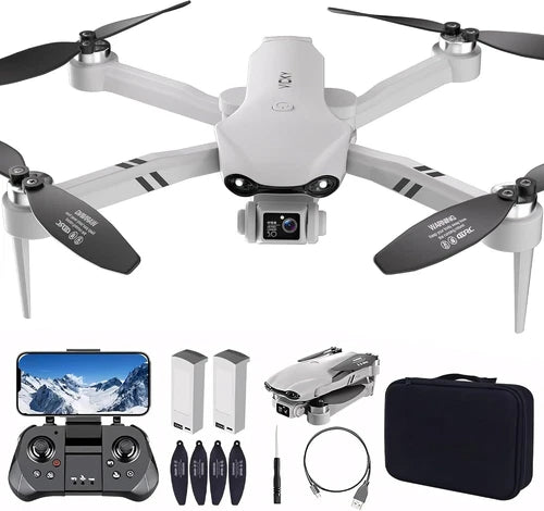 White quadcopter drone with FPV camera, four propellers, and remote controller visible