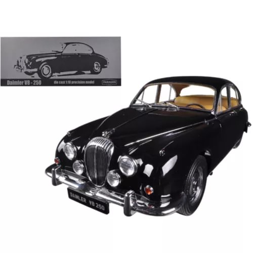 Black diecast classic car with chrome grille and rubber tires, front view
