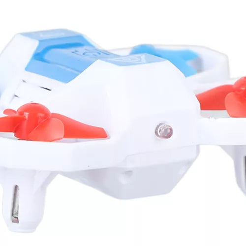 Mini drone with white body and red prop guards, front LED light