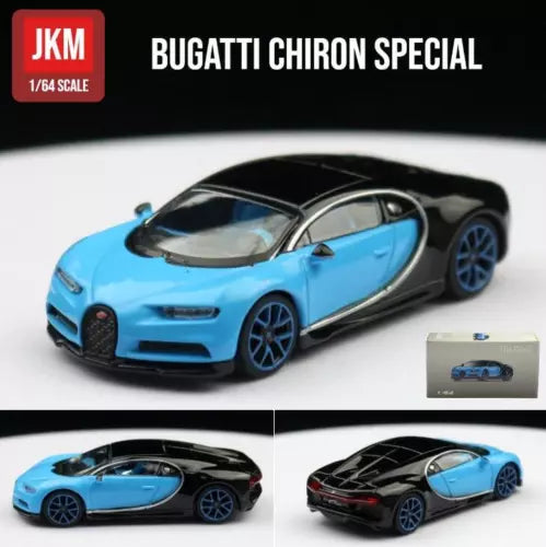 1:64 diecast sports car model, blue with black trim, shown with small box