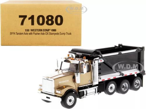 Gold and black 1/50 diecast dump truck model with raised bed
