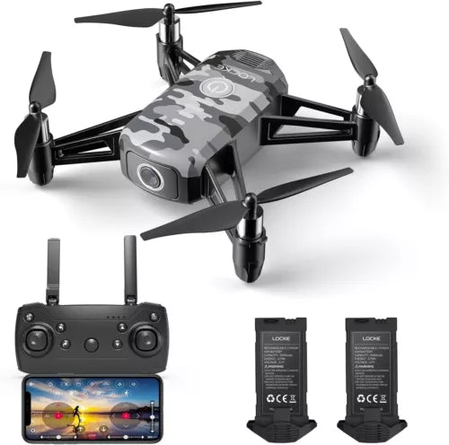 Camouflage mini quadcopter drone with FPV camera, remote controller screen and batteries