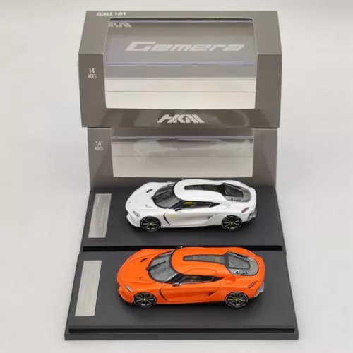 Diecast hybrid supercar model set, orange and white Koenigsegg Gemera in display box