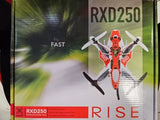 FPV racing drone box with RXD250 label and illustrated quadcopter