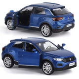 Die-cast SUV toy car, blue, silver wheels, front and rear angles.