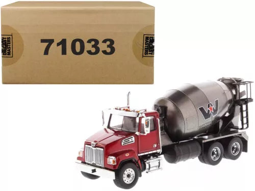 1/50 diecast concrete mixer truck model with red cab and gray mixing drum